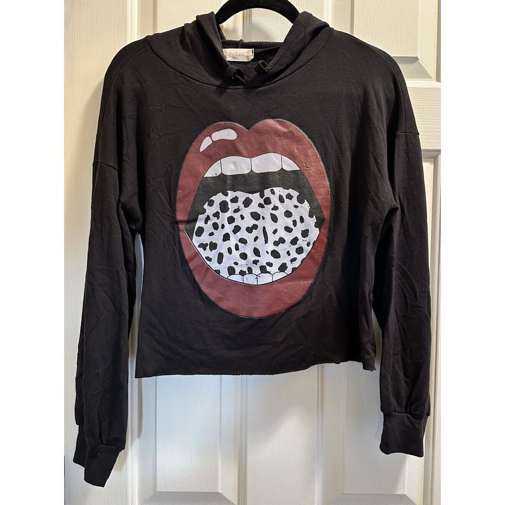 Altar'd State Graphic Hoodie Womens Med Crop Black Red Cheetah Print Lips Top‎